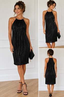 MICHAEL Michael Kors Black Pleated Shimmer Halter Dress with Chain Detail
